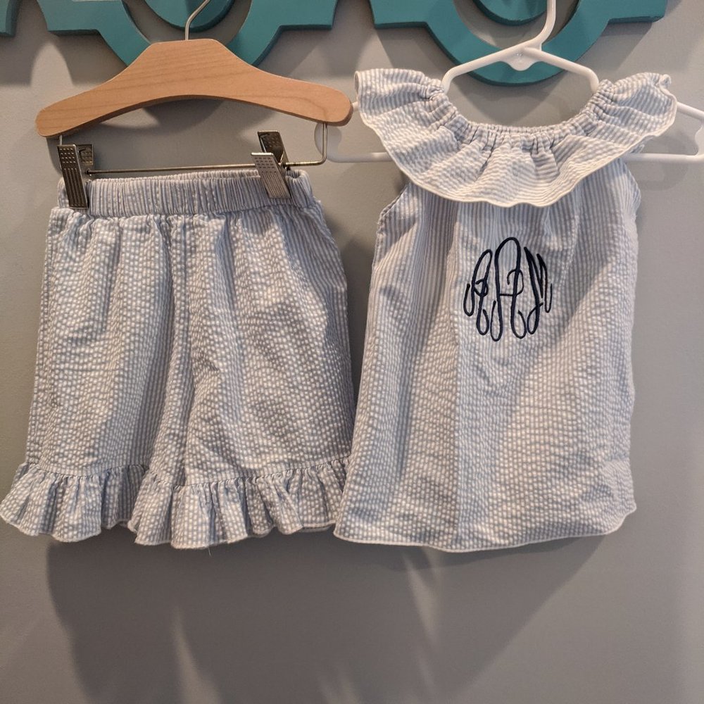 aAm monogrammed seersucker short outfit 18m
